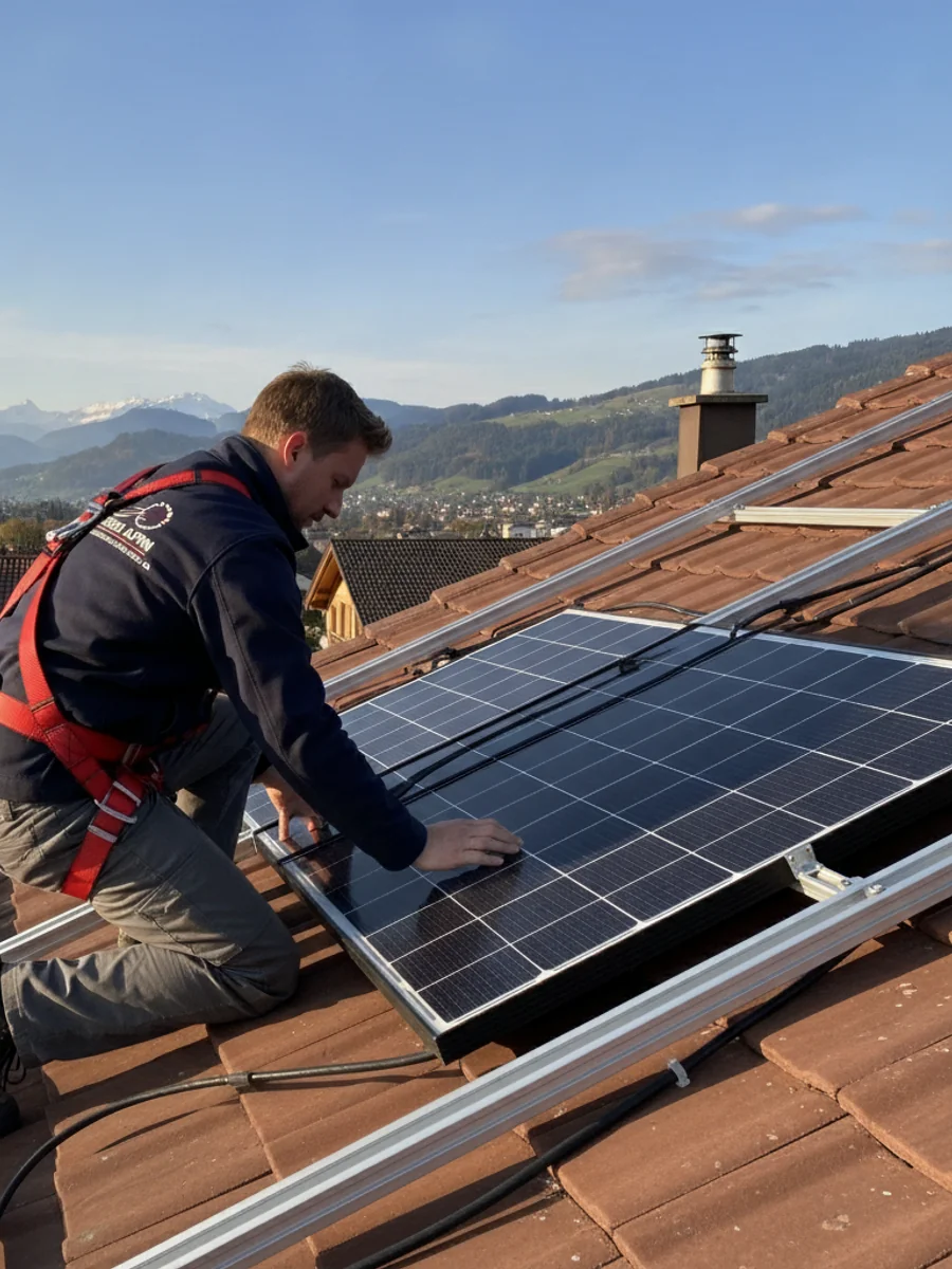 Panneaux solaires photovoltaïques installés sur une toiture en Suisse romande